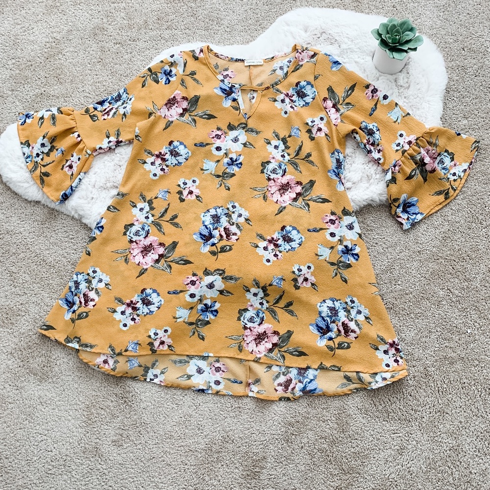 Flamingo Urban Mustard Floral Bell Sleeve Blouse